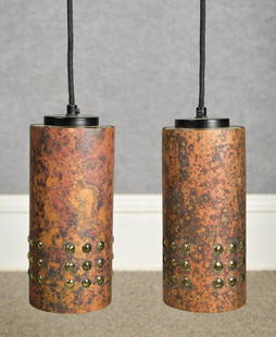 PR. PENDANT LAMPS BY NANNY STILL FOR RAAK AMSTERDAM.: A pair of vintage metal and blown glass pendant light fixtures, by Nanny Still for Raak Amsterdam. Metal 8.25”H x 4” dia.