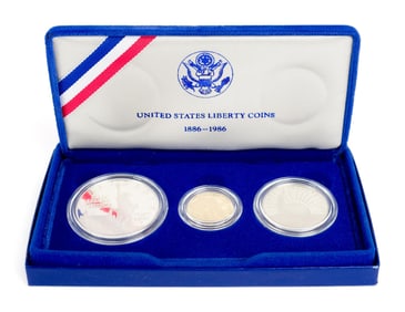 1986 STATUE OF LIBERTY THREE PIECE PROOF SET, 1 OF 2.
