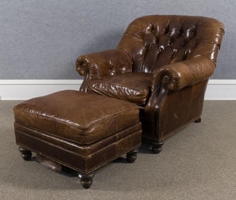 ROBERT ALLEN BROWN LEATHER CLUB CHAIR WITH OTTOMAN.