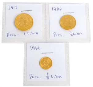 THREE PERUVIAN GOLD COINS.