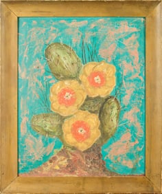 CA. 1934 OIL ON BOARD, FLOWERING CACTUS.