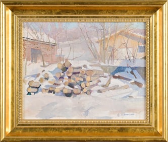 BRIAN SWEETLAND OIL, LOG PILE IN WINTER.