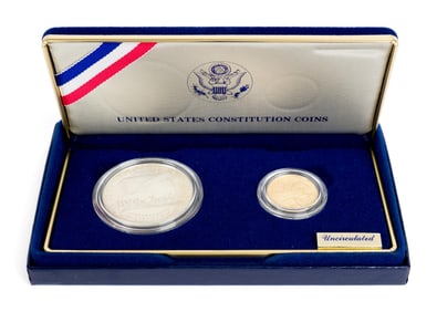 1987 CONSTITUTION 2-PIECE PROOF SET, SILVER & GOLD.