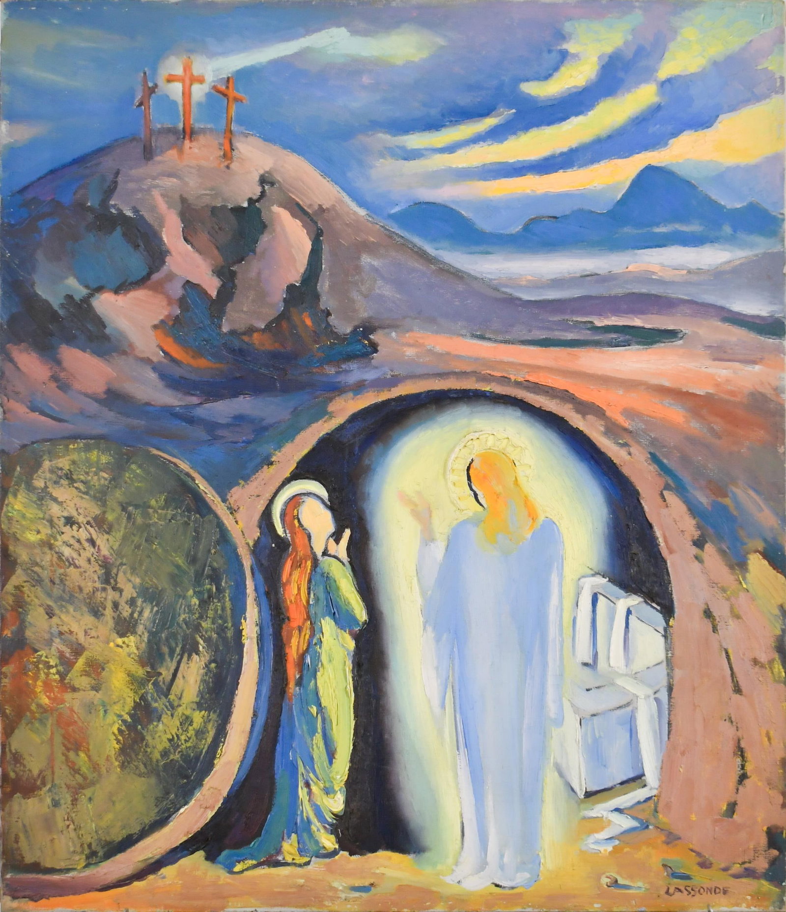 OMER LASSONDE OIL, ANNUNCIATION.: An Omer Lassonde (1903 -1980 ) oil on canvas, Annunciation, signed lower right, Lassonde, with Young Fine Art label on reverse. Unframed 30” x 25”.
