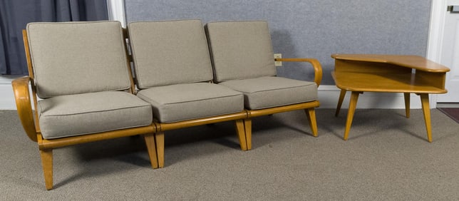 VINTAGE HEYWOOD WAKEFIELD SECTIONAL SOFA AND STAND.