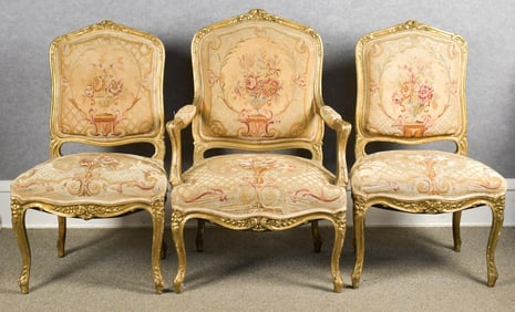 THREE ANTIQUE FRENCH CARVED CHAIRS.