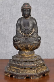 FINE EARLY GILT WOOD SIGNED BUDDHA.