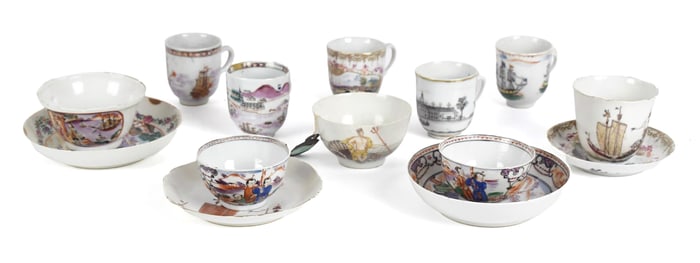 EARLY CHINESE EXPORT CUPS AND SAUCERS.