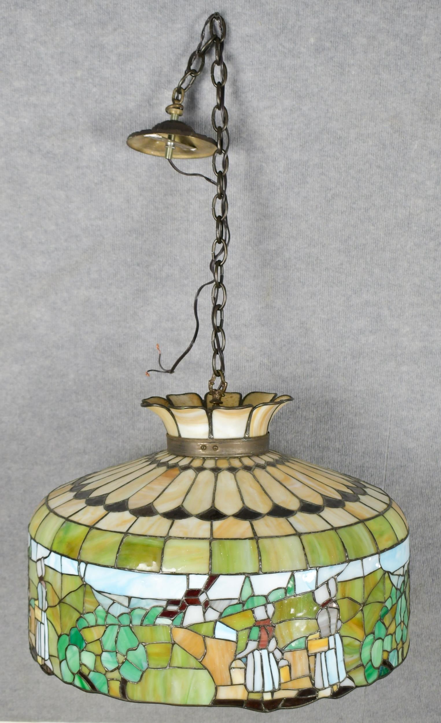 RARE LEADED AND STAINED GLASS HANGING SHADE. (1 of 13)