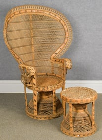 VINTAGE WOVEN PEACOCK CHAIR AND OTTOMAN.