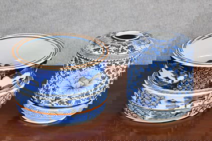 TWO ANTIQUE JAPANESE BOWLS AND CANDLE LANTERN, 3 PCS.