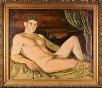 VINTAGE OIL ON BOARD, RECLINING NUDE.