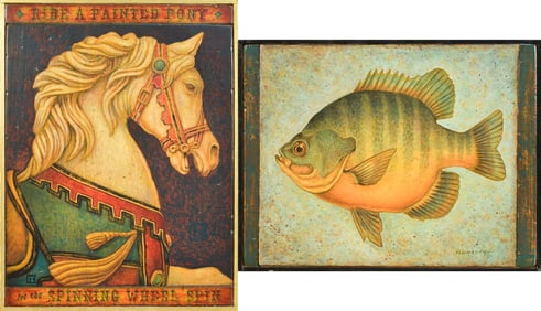 TWO DOUG HENRY ACRYLIC ON WOOD PANELS.