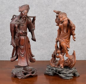 TWO ASIAN FIGURAL WOOD CARVINGS.
