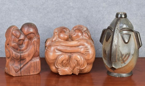 MID CENTURY CERAMICS AND WOOD CARVING, 3 PCS.