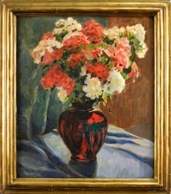 DOROTHY DICK OIL, SWEET WILLIAMS IN RED GLASS VASE.