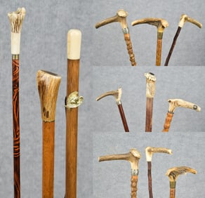 9 VINTAGE AND ANTIQUE ANTLER WALKING STICKS AND CANES