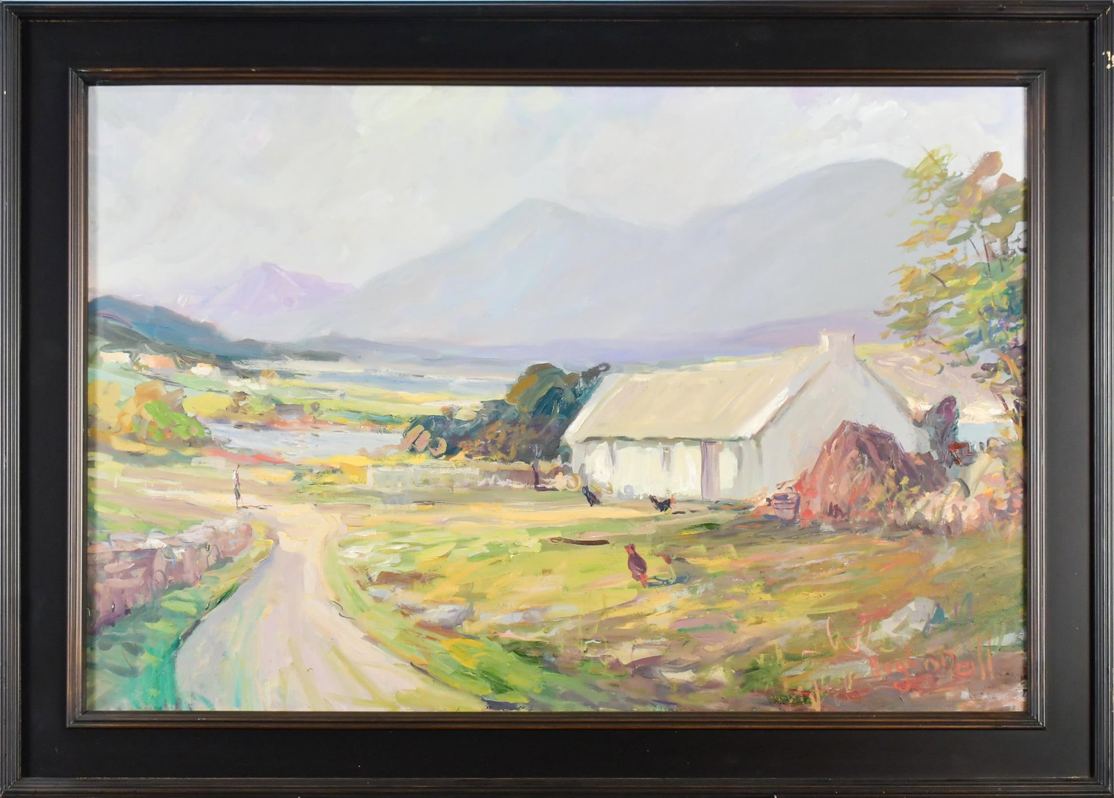 HUGH ONEILL OIL, LAKESIDE FARM SCENE.: A Hugh O’Neill oil on canvas, Irish landscape with farm and lake, signed lower right. Canvas 24” x 36, Frame 30” x 40.5”.
