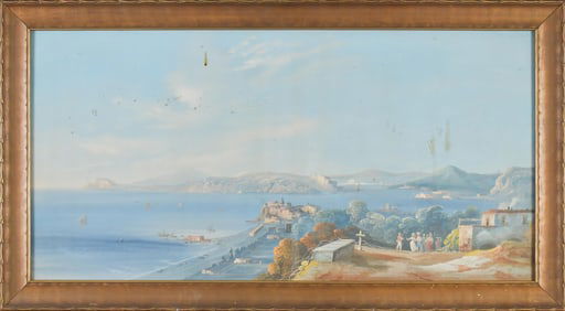 ANTIQUE NAPLES ITALIAN HARBOR GOUACHE.
