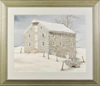 DAN CAMPANELLI WATERCOLOR, SNOW ON WIDOWS MILL.
