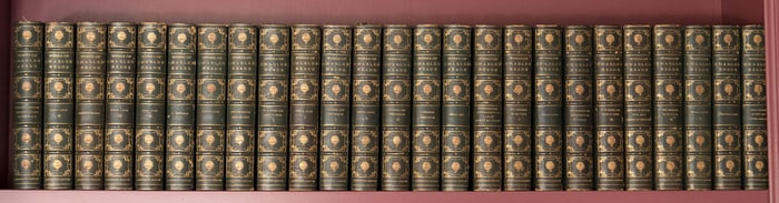 ANTIQUE CHARLES READE LEATHER BOUND BOOKS, 25 VOLS.