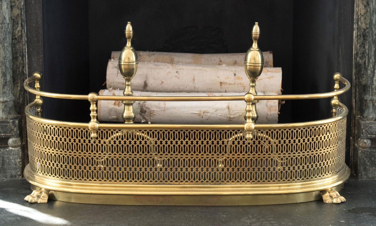 ANTIQUE BRASS ANDIRONS AND FENDER. (1 of 11)