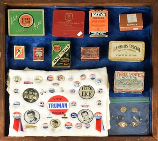 VINTAGE ADVERTISING TINS AND BUTTONS.