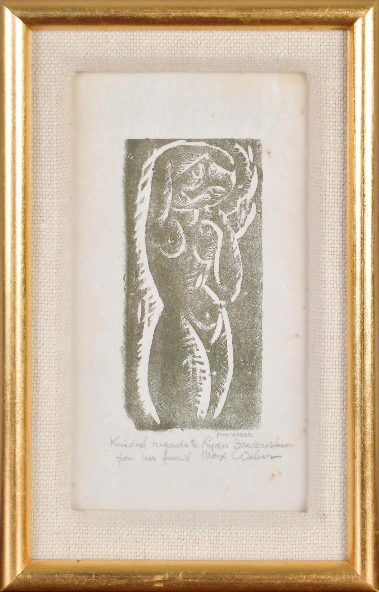 MAX WEBER WOODCUT, NUDE.: A Max Weber woodcut print, standing nude, pencil signed lower right, Max Weber, with inscription in margin, Lyder Fredericson from his friend Max Weber. Image 8.5” x 4.5”, Frame 11.5”