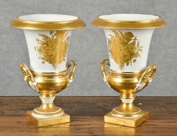 PR. 19TH C. EUROPEAN GILT DECORATED PORCELAIN URNS.