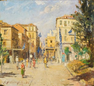EARLY 20TH C. OIL, EUROPEAN STREET SCENE.