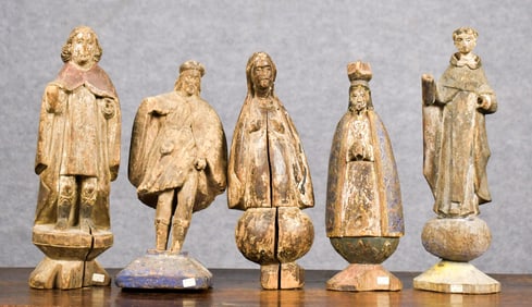 FIVE ANTIQUE CARVED SANTOS FIGURES.
