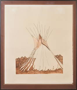 KEVIN RED STAR ETCHING, CROW WINTER LODGE.: A vintage Kevin Red Star etching, ‘Crow Winter Lodge’. Artist signed in pencil, dated 1980, and numbered 8/60.Sheet size 25.75” x 22”Frame 30” x 25.75”.