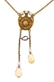 ANTIQUE 14K GOLD CITRINE & PEARL NEGLIGEE NECKLACE.