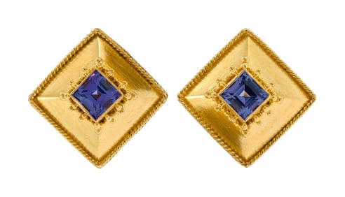 22K GOLD ETRUSCAN STYLE SQUARE TANZANITE STUDS.