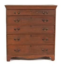 FEDERAL RED PAINTED FIVE DRAWER TALL CHEST.