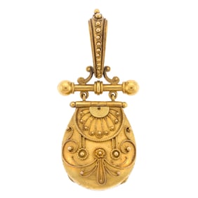 18K GOLD ETRUSCAN REVIVAL GRANULATION LOCKET PENDANT.