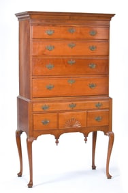 18TH C. CT Q.A. CHERRY FAN CARVED HIGHBOY.