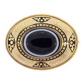 VICTORIAN 14K GOLD ENAMEL AGATE HAIR LOCKET BROOCH.
