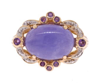 14K GOLD LAVENDER JADE, AMETHYST & DIAMOND RING.