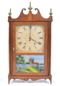 19TH C. DOWNES PILLAR AND SCROLL CLOCK.
