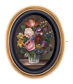 ANTIQUE 14K GOLD MICRO MOSAIC FLOWER BOUQUET BROOCH.