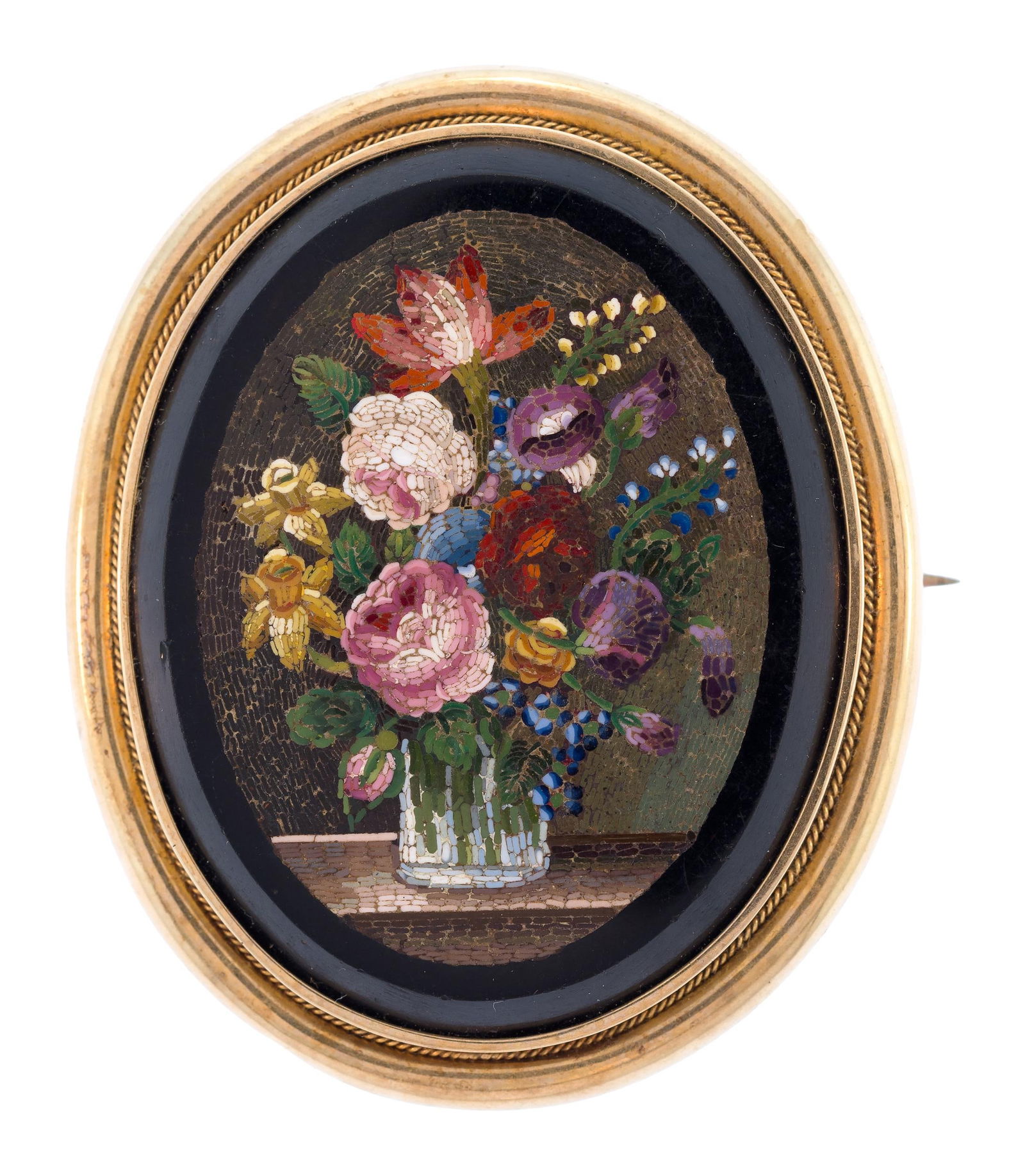 ANTIQUE 14K GOLD MICRO MOSAIC FLOWER BOUQUET BROOCH.: An antique 14k yellow gold (tested) brooch with a micro mosaic inlay of a bouquet of flowers in vase, 2 1/8 inches long, 26.6 grams..