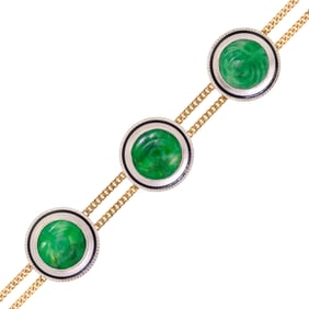 VINTAGE 14K GOLD & PLATINUM CARVED JADE BRACELET.