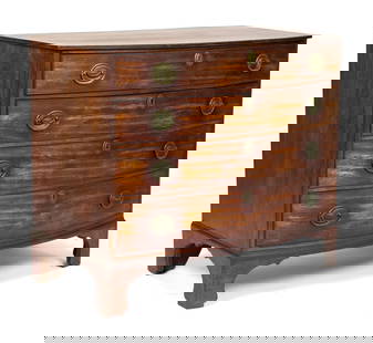 18TH C. PORTSMOUTH NH CHIPPENDALE BOW FRONT CHEST.: A ca. 1780 Portsmouth New Hampshire Chippendale mahogany bow front chest with original brass. A thin single board top with an inlaid edge, over four conforming cock beaded graduated drawers retaining