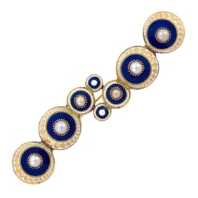 ANTIQUE GOLD BLUE ENAMEL & PEARL CIRCLE PIN.