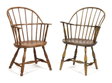 TWO 18TH C. WINDSOR SACK BACK ARMCHAIRS.