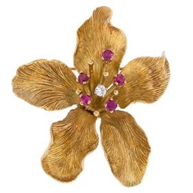 VINTAGE 18K GOLD RUBY & DIAMOND CHERRY BLOSSOM PIN.