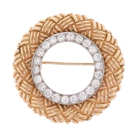 VINTAGE 14K GOLD & DIAMOND BASKET WEAVE CIRCLE PIN.