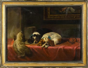 19TH C. ENGLISH SCHOOL OIL, KING CHARLES SPANIELS.