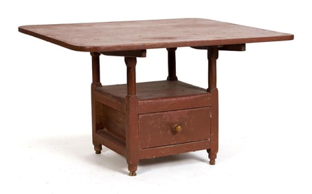 19TH C. RED PAINTED HUTCH TABLE.